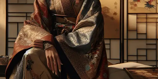 A striking model in an avant-garde outfit poses in a luxurious, modern Japanese-inspired setting.