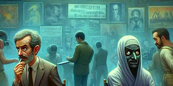 A cluttered adult film studio contrasts a skilled actor with an awkward performer, highlighting themes of authenticity and mediocrity.