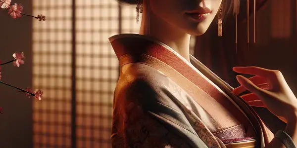 A charismatic female performer in a sophisticated Japanese setting, surrounded by flowing fabrics and cherry blossoms.
