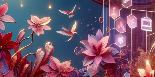 An abstract and vibrant representation of eroticism, blending traditional Japanese elements with modern digital motifs.