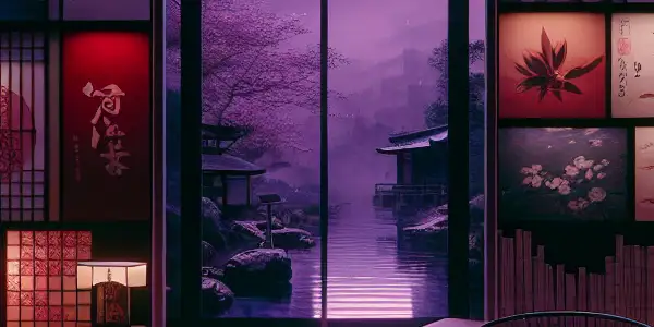 A cozy, dimly lit room with screens displaying abstract adult themes and inviting decor.