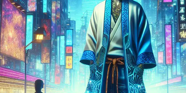 A futuristic urban scene featuring a charismatic "erotic assassin" amidst neon lights and a lively nightlife crowd.