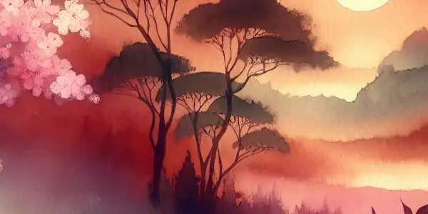 An ethereal paradise with cherry blossoms, intimate figures, and a serene sunset, evoking connection and allure.