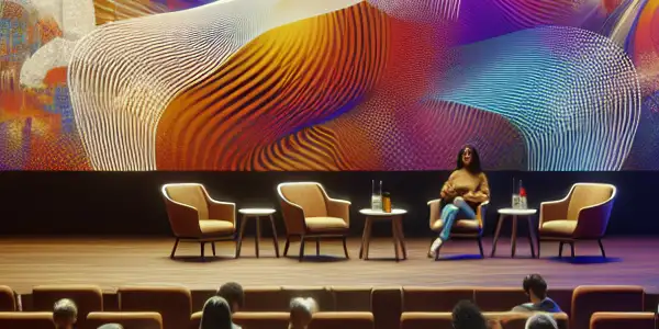 A vibrant, upscale cinema scene featuring diverse individuals discussing adult film culture amidst abstract visuals and Japanese pop culture elements.