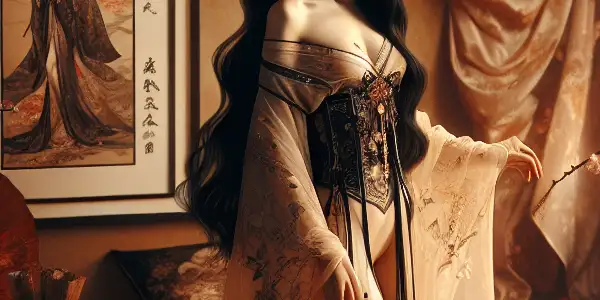 A glamorous Japanese actress in a traditional kimono, set in an intimate, culturally rich room.