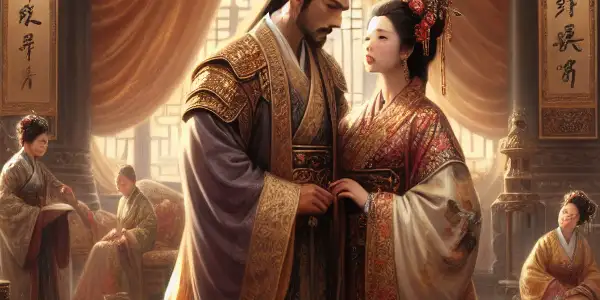 A powerful emperor and his beautiful concubine share a secretive moment in an opulent ancient palace.