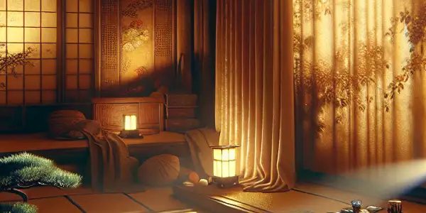 An elegantly designed room with ambient lighting, featuring a vintage film projector and Japanese cultural elements.