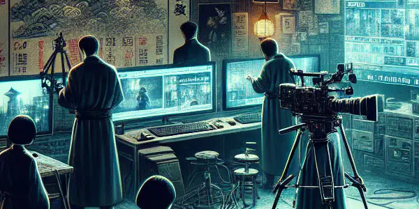 A shadowy underground studio producing adult films, blending local and Japanese influences with hints of technology and secrecy.