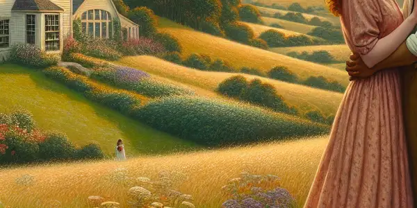 A romantic couple embraces in a picturesque countryside with blooming wildflowers and a golden sunset backdrop.