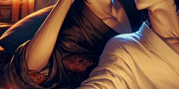 Two young adults share an intense gaze in a cozy, intimate setting filled with soft lighting and romantic decor.