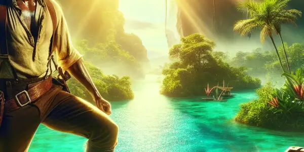 A daring adventurer in rugged attire explores a lush tropical paradise with hidden treasures and a sense of intrigue.