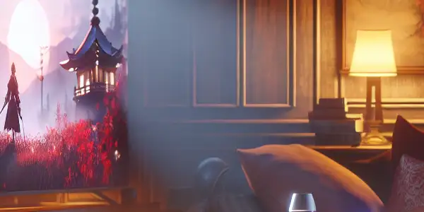 A cozy, dimly lit room with a focused player immersed in an adult-themed video game on a large screen.