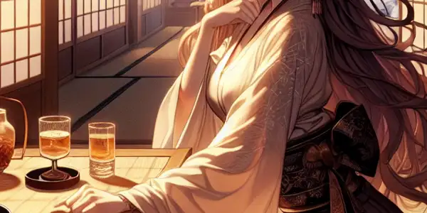 A cozy, intimate room featuring a flirtatious woman engaged in conversation, with Japanese aesthetic elements.