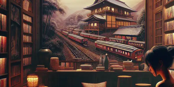 A cozy, dimly lit room filled with enticing Japanese novels, featuring a silhouette reading amidst traditional decor.