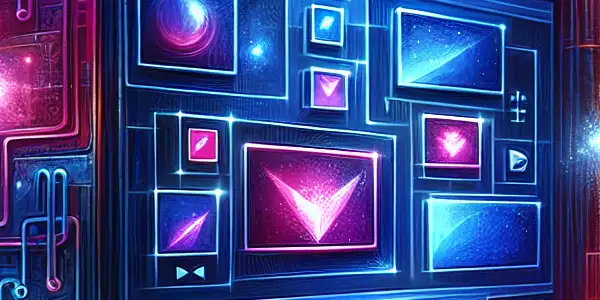 A futuristic digital landscape representing an online adult content platform with vibrant neon colors and abstract video thumbnails.