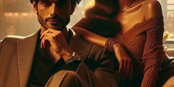 A young man and an alluring woman share a flirtatious moment in a cozy, intimate living room.