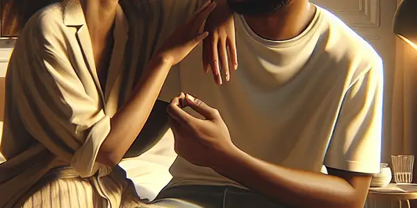 A cozy bedroom scene featuring a couple sharing an intimate moment of laughter and affection.