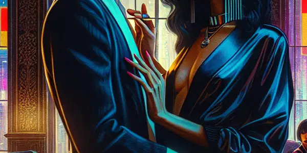 A vibrant night cityscape featuring two intimately connected characters amidst neon lights and cultural elements of contemporary Korea.