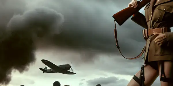 A confident female spy in a military uniform stands on a WWII battlefield, embodying a mix of war and sensuality.
