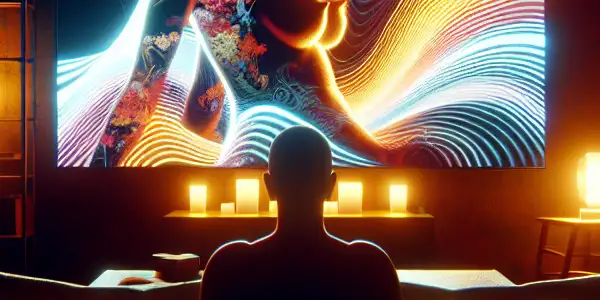 A person watches abstract visuals in a cozy room, reflecting intrigue and excitement amid themes of sensuality and internal conflict.