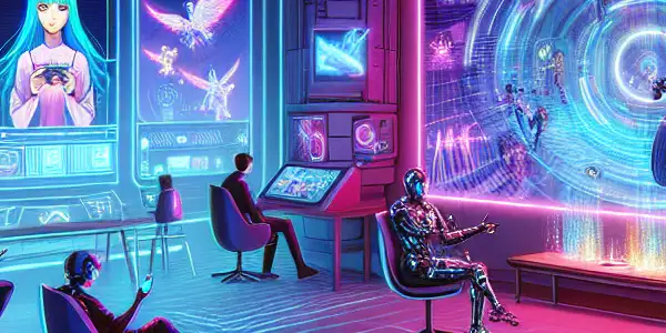 A vibrant futuristic gaming room with neon lights, holographic screens, and diverse characters engaged in playful interactions.