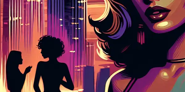 A confident woman in a stylish cityscape at dusk, embodying allure and strength amidst glowing neon lights and intimate silhouettes.