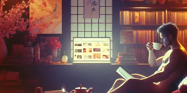 A cozy, dimly lit room with a silhouette reading erotic literature, surrounded by books and Japanese decor.