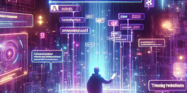 A user explores a futuristic smartphone interface in a vibrant, abstract digital landscape filled with social media elements.