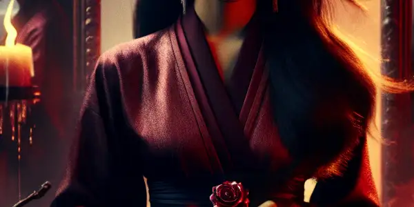 A powerful female figure in a dimly lit room, holding a thorny rose, surrounded by shattered mirrors and ominous shadows.