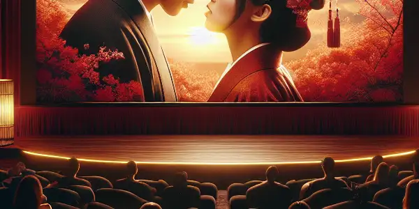 A luxurious private cinema with diverse viewers watching a romantic Japanese adult film on a large screen.