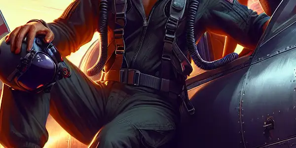A confident pilot in a vintage fighter jet, soaring through a vibrant sunset sky filled with adventure and allure.