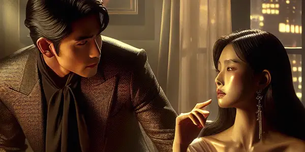A romantic scene in a dimly lit Seoul apartment featuring a stylish couple sharing a charged moment.