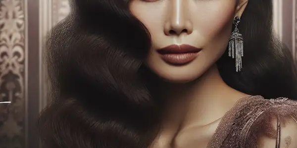 A glamorous Asian actress exuding confidence in a luxurious, softly lit film set.