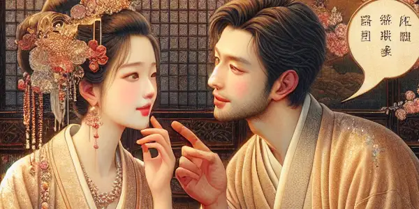 A couple in an intimate room engages in passionate dialogue, surrounded by plush cushions and cherry blossom accents.