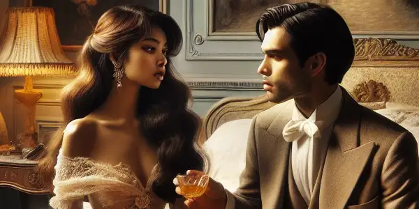 A romantic couple in a luxurious Parisian bedroom, engaged in an intimate conversation, surrounded by elegant decor.